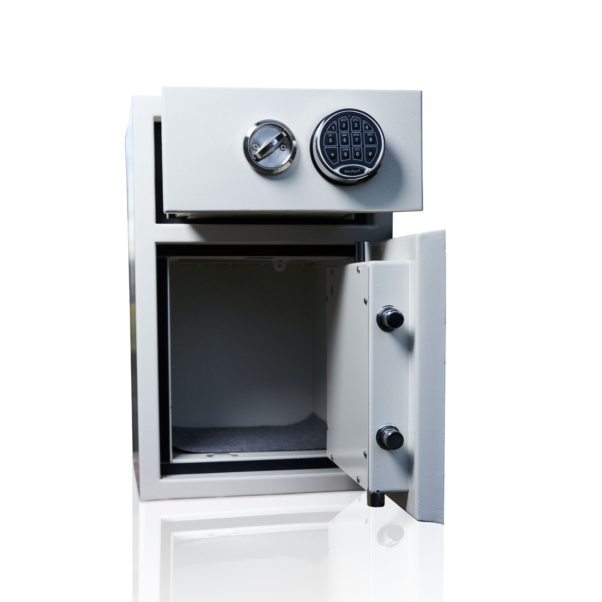 Deposit safe with drawer & pin code lock | Safe door with 6 locking bolts & key lock