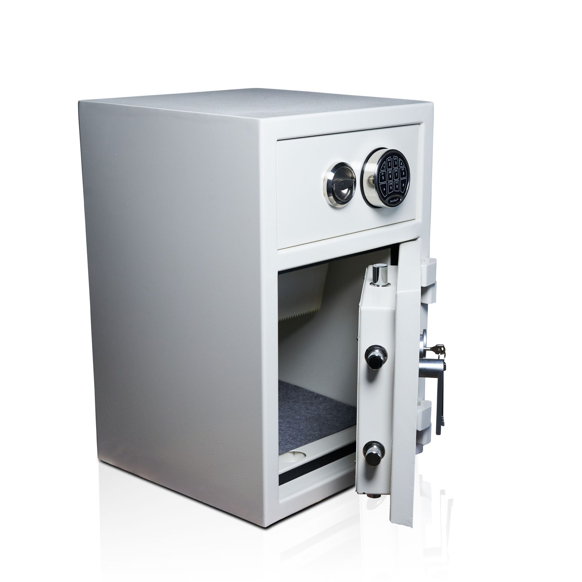 Deposit safe with drawer & pin code lock | Safe door with 6 locking bolts & key lock