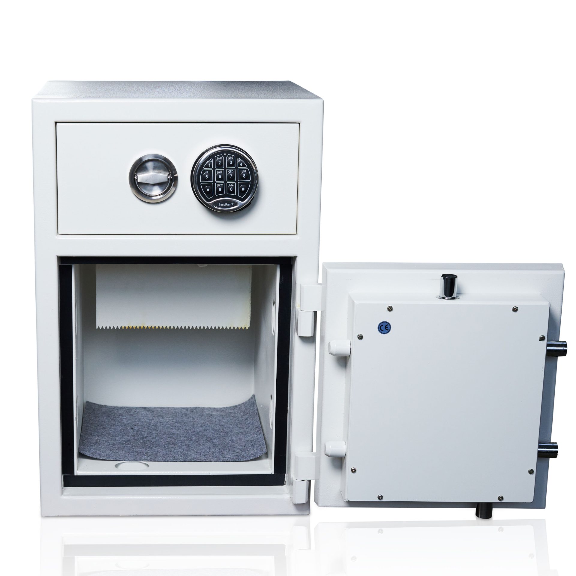 Deposit safe with drawer & pin code lock | Safe door with 6 locking bolts & key lock